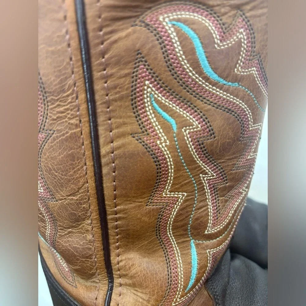 OLD WEST Broad Square Toe‎ Western Cowboy Boots Brown Tan Leather Cowgirl 6